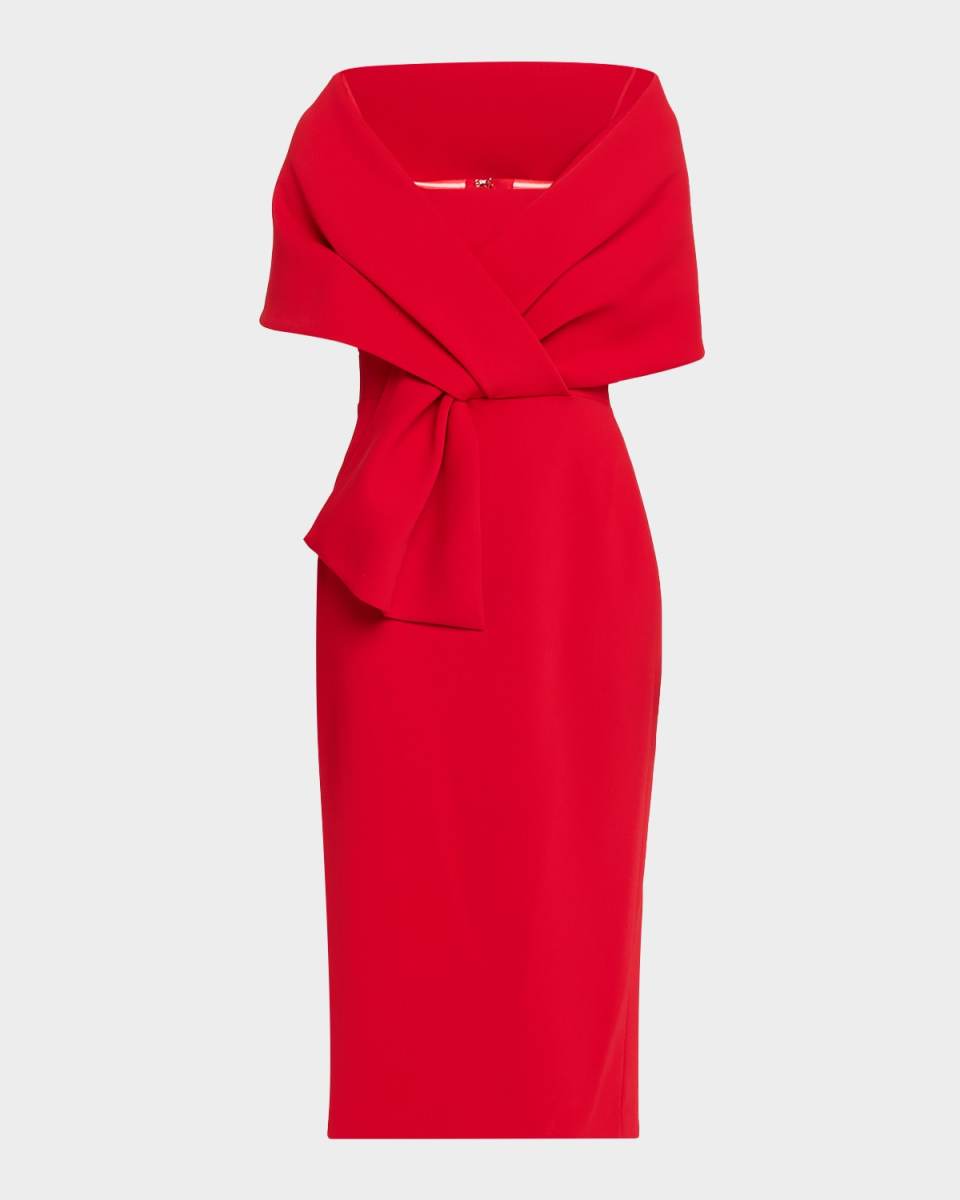 Square-Neck Pleated Wrap Midi Dress